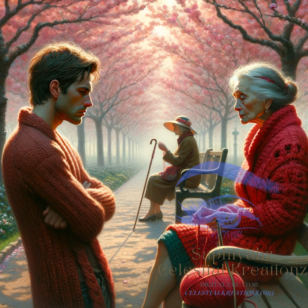 serene yet emotionally complex scene in the park, with the cherry blossoms providing a beautiful backdrop to the unfolding drama between the couple, and the elderly woman, embodying wisdom and warmth, observing silently from a distance.
