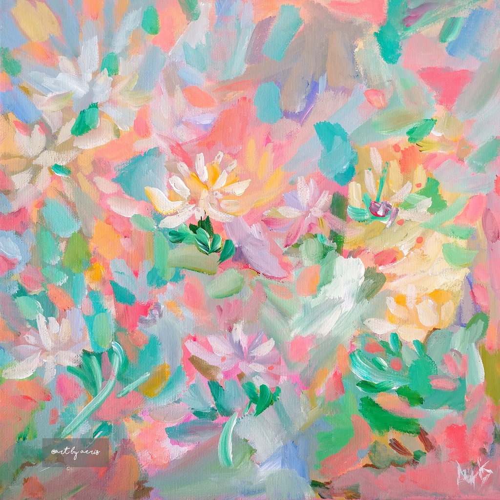 “Coral Summer Floral”, a new abstract floral painting series. All 12 x 12 x .75 inches pink theme flower painting. It is an original unframed acrylic painting. It is created by my imagination and blended with my sense of color and nature. This new style of abstract painting allows me to create unique paintings spontaneously.