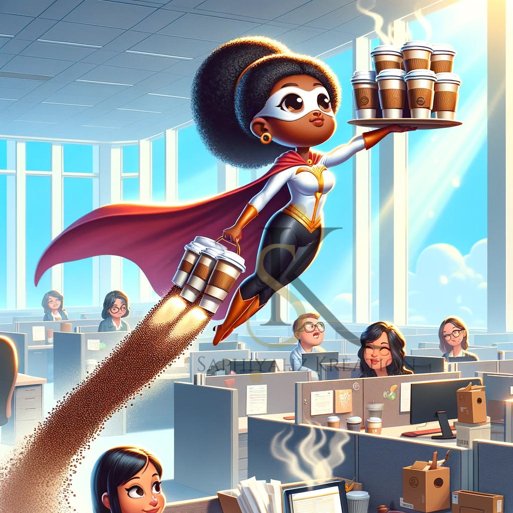 scene has been reimagined with an African American chibi female character as the "Coffee Cup Attendant," adding a delightful twist to the whimsical delivery of morning caffeine to the office