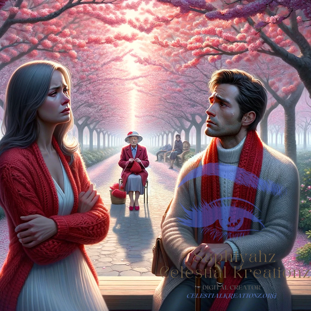 serene yet emotionally complex scene in the park, with the cherry blossoms providing a beautiful backdrop to the unfolding drama between the couple, and the elderly woman, embodying wisdom and warmth, observing silently from a distance.