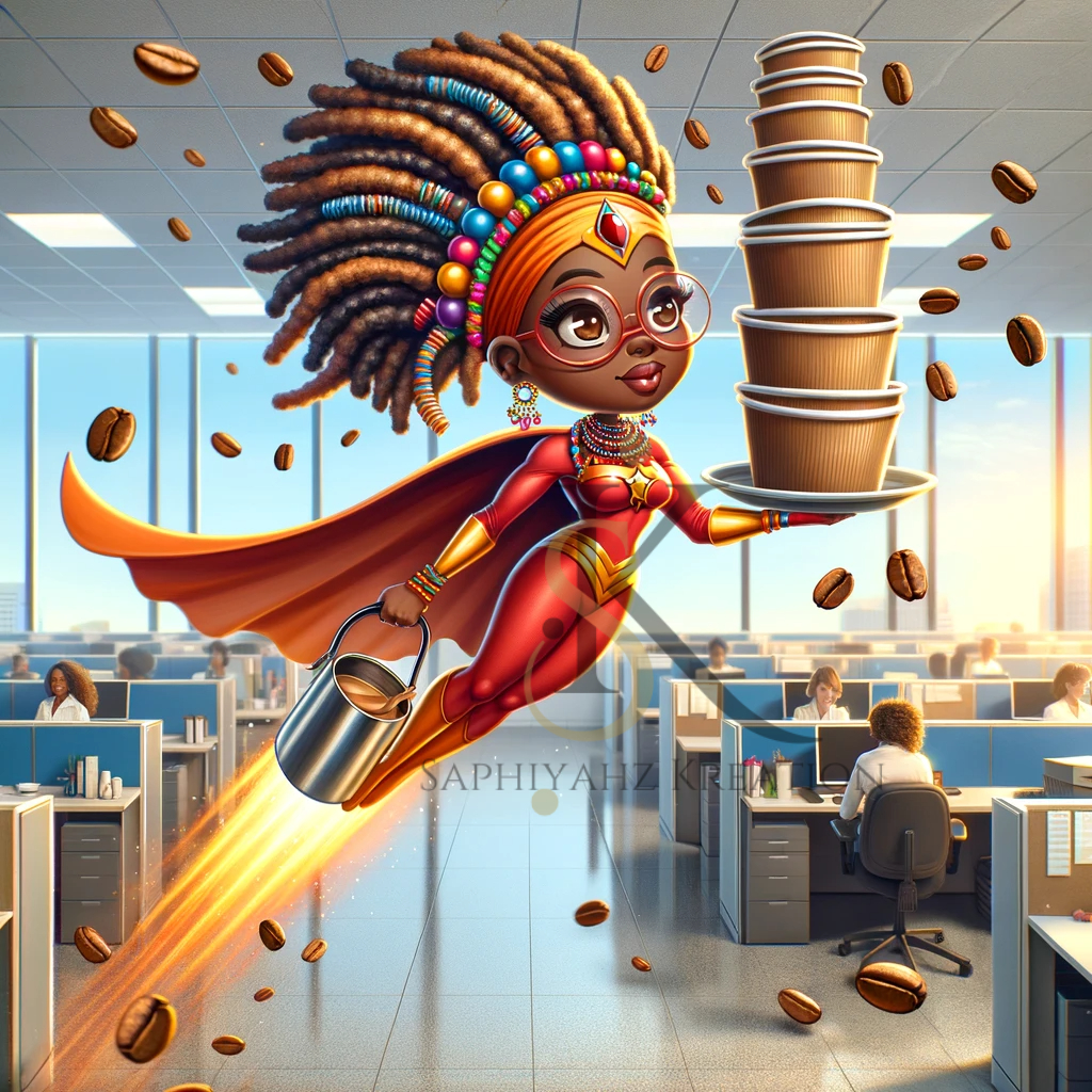 scene has been reimagined with an African American chibi female character as the "Coffee Cup Attendant," adding a delightful twist to the whimsical delivery of morning caffeine to the office