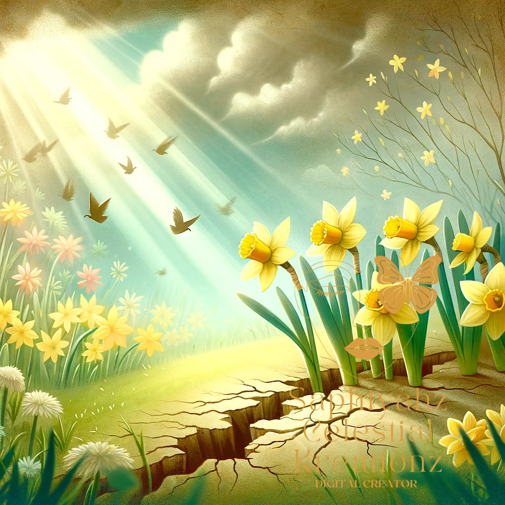daffodils breaking through the earth, symbolizing the vibrant laughter and renewal that spring brings. The scenes are imbued with a sense of warmth and freshness, marking the transition from winter to spring.
