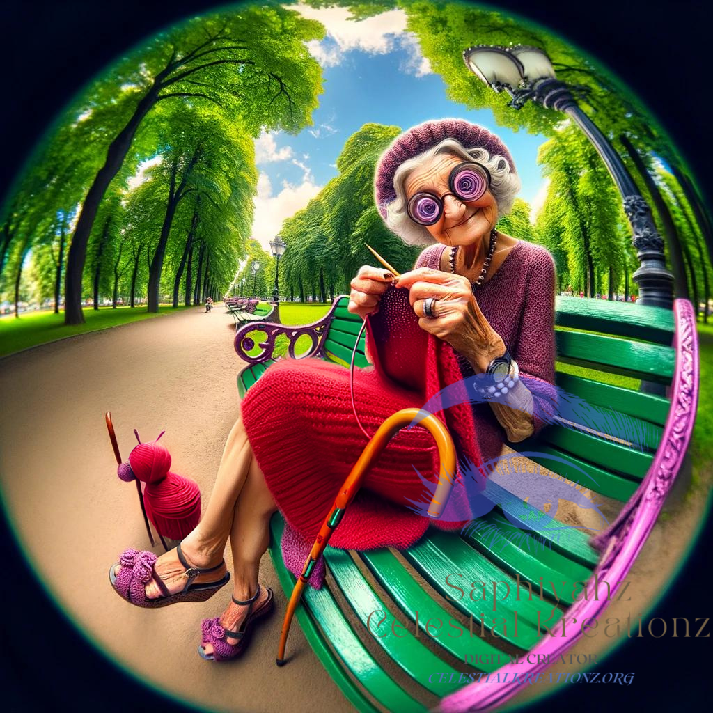 Mrs. Epstein Knitting on the Bench: Showcasing her serene and stylish presence in the park, with the exaggerated features and whimsical backdrop emphasizing the quirky and content atmosphere she embodies.